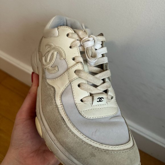 Chanel CC Logo Suede Trainers Low Top Lace Up Sneakers Gray Women's Sz 37 - Picture 5 of 14